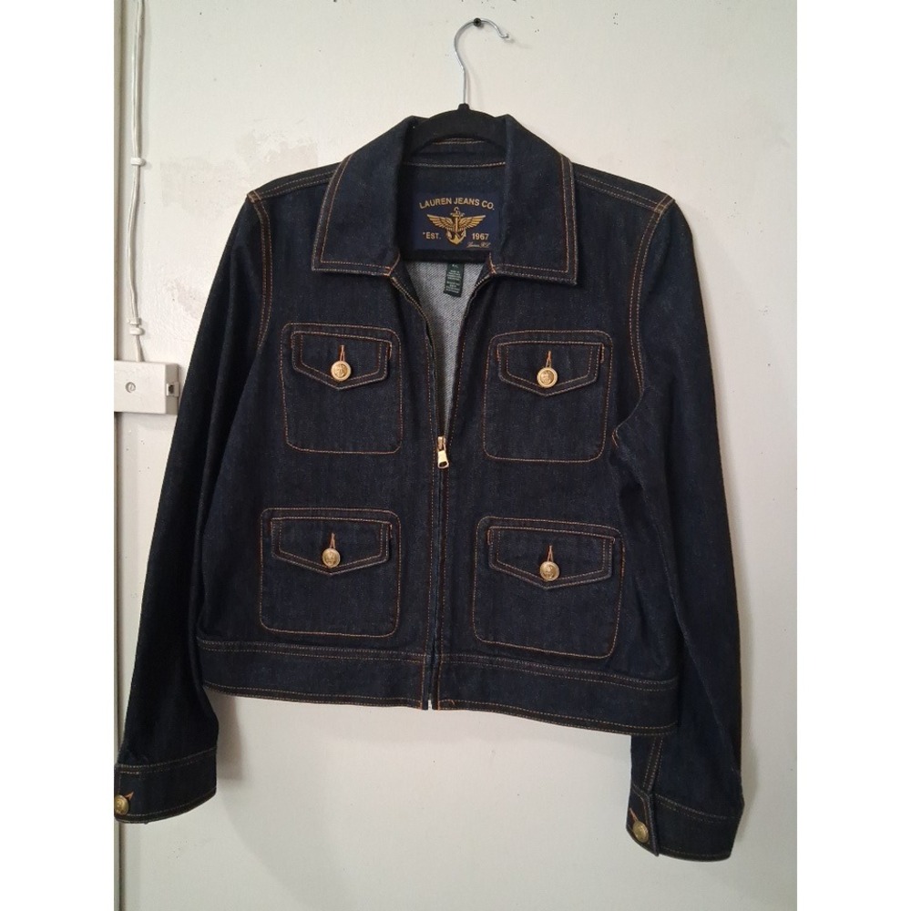 Lauren Jeans Co Ralph Lauren Dark Wash Zip Utility Denim Jacket Petite Large P/L